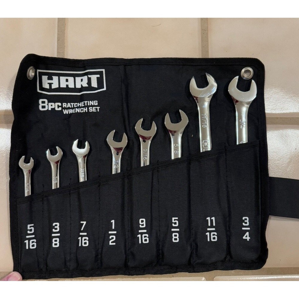 HART 8pc SAE Ratcheting Combination Wrench Set in Roll Up Organizer 5/16" - 3/4"